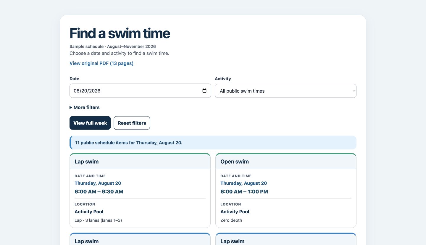 Published pool schedule with date and activity filters